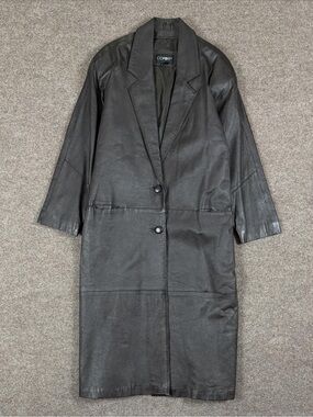 Vintage Comint Brown Genuine Leather Long Trench Coat Women’s‎ L Notched Lapel